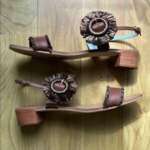 Frances Valentine Brown leather raffia fringe block heel sandals size 9.5